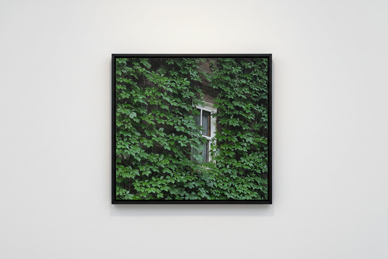 Window partially obscured by green ivy on a building